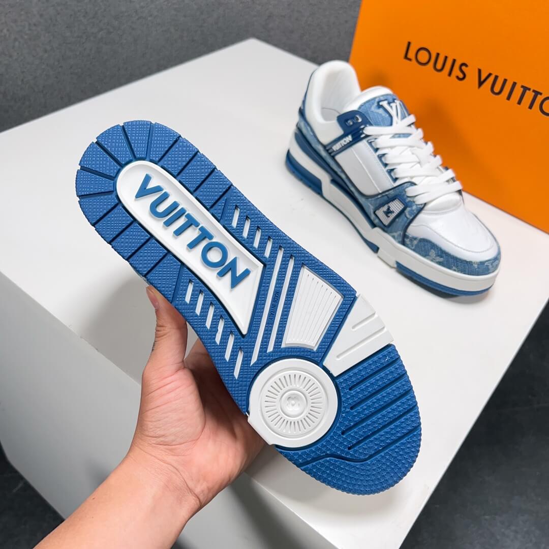 Giày Louis Vuitton Lv Trainer Monogram Denim White Blue Like Auth