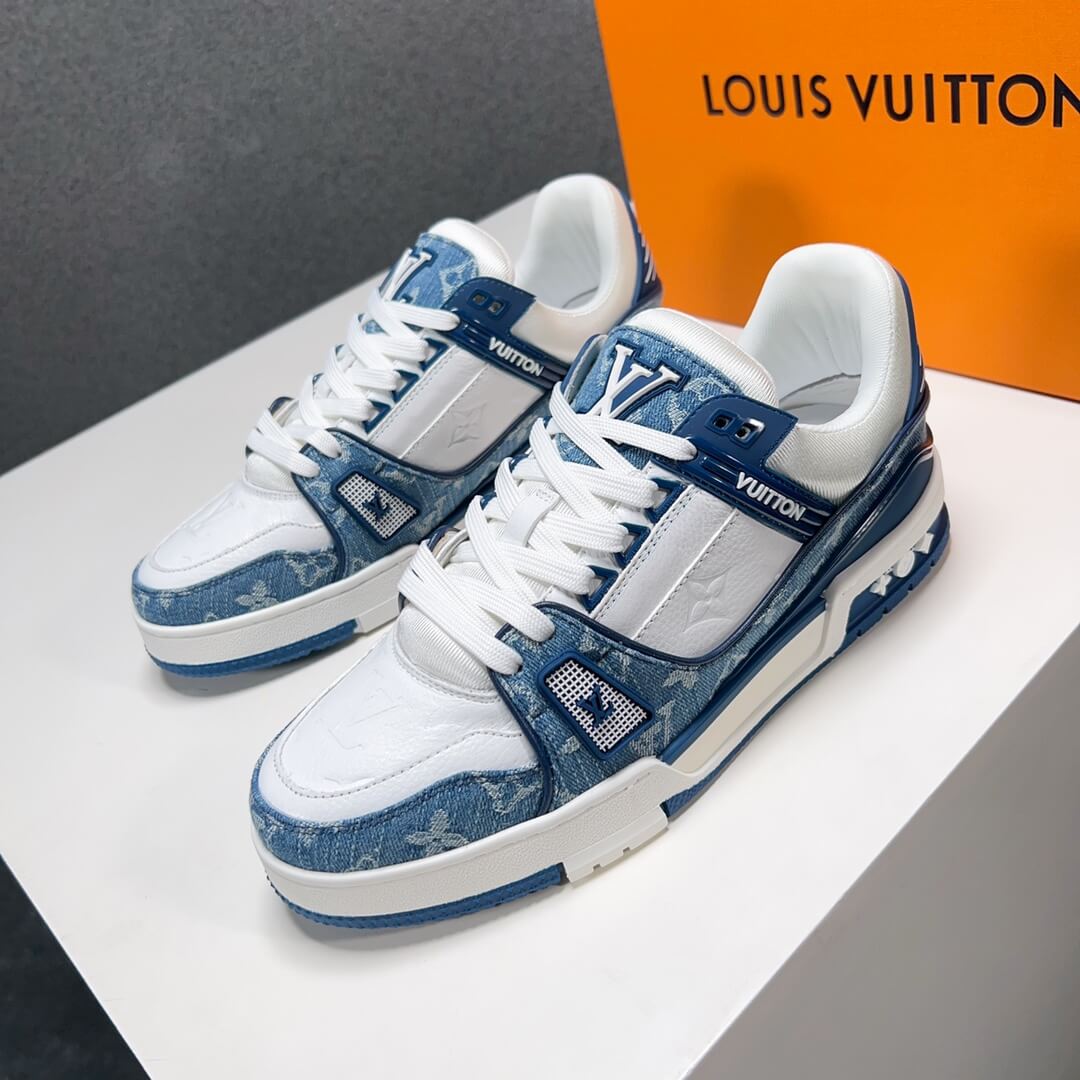 Giày Louis Vuitton Lv Trainer Monogram Denim White Blue Like Auth